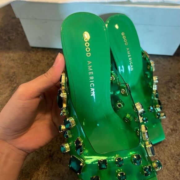 NWT Size 5 Good American Jeweled Emma Slip Heel Summer Green Diamonds - Picture 3 of 13
